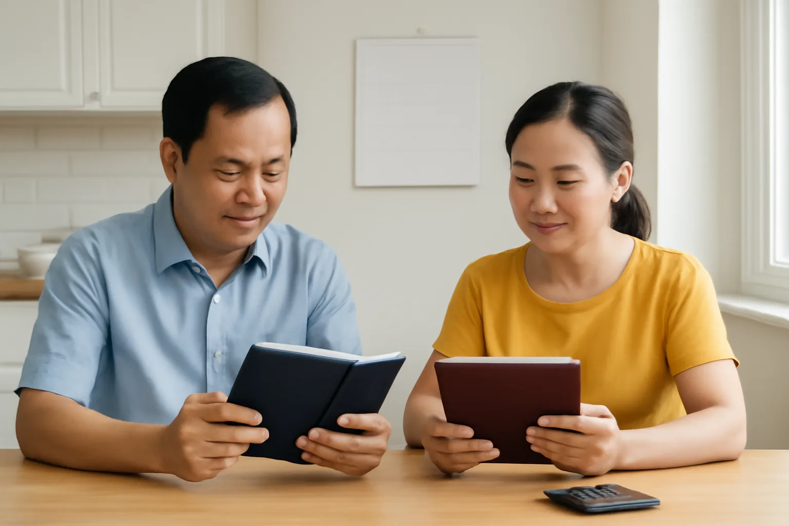 Hai người trong gia đình ngồi bàn bếp so hai cuốn sổ và một tờ lịch để trống