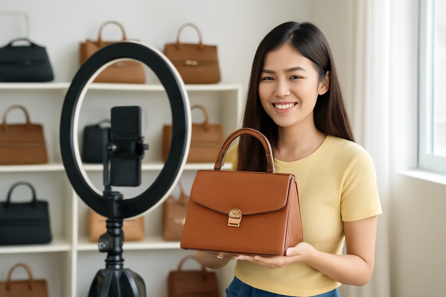 Người bán hàng trẻ đứng trước điện thoại gắn giá đỡ và đèn vòng, giới thiệu một chiếc túi xách trong phòng trưng bày nhỏ