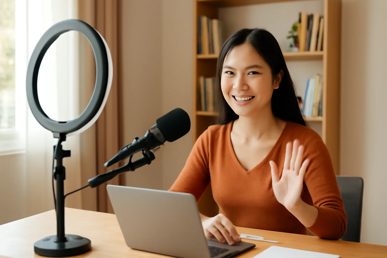 Người phụ nữ trẻ ghi hình bài giảng trước máy tính trong phòng làm việc tại nhà
