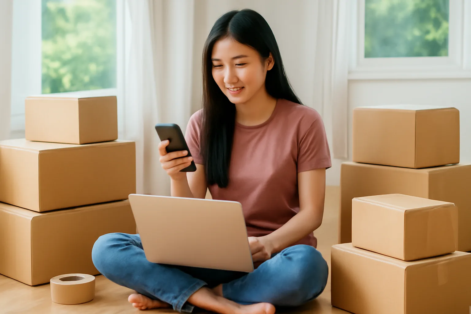 Cô gái bán hàng online ngồi giữa các thùng hàng đã đóng gói, so điện thoại và máy tính xách tay đặt cạnh nhau