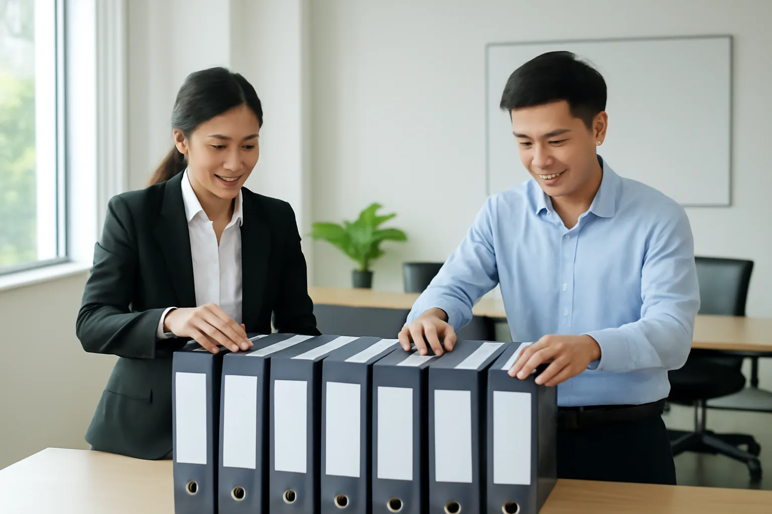 Hai kế toán xếp lại các bìa hồ sơ trong văn phòng sáng sủa sau đợt thay văn bản thuế