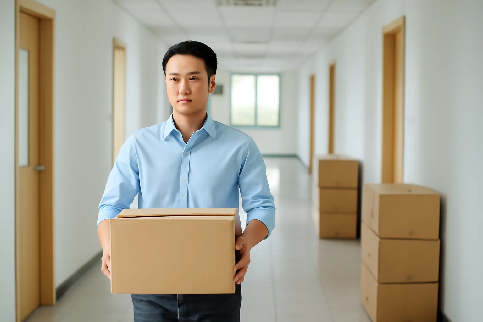 Nhân viên văn phòng bê thùng hồ sơ lưu trữ dọc hành lang có nhiều cửa phòng đóng kín
