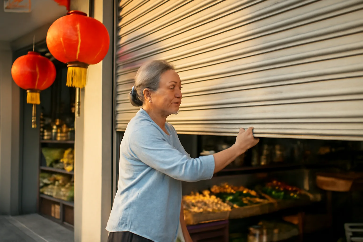 Bà chủ tiệm tạp hoá mở cửa hàng buổi sáng đầu năm, kéo cửa cuốn, đèn lồng đỏ treo hai bên
