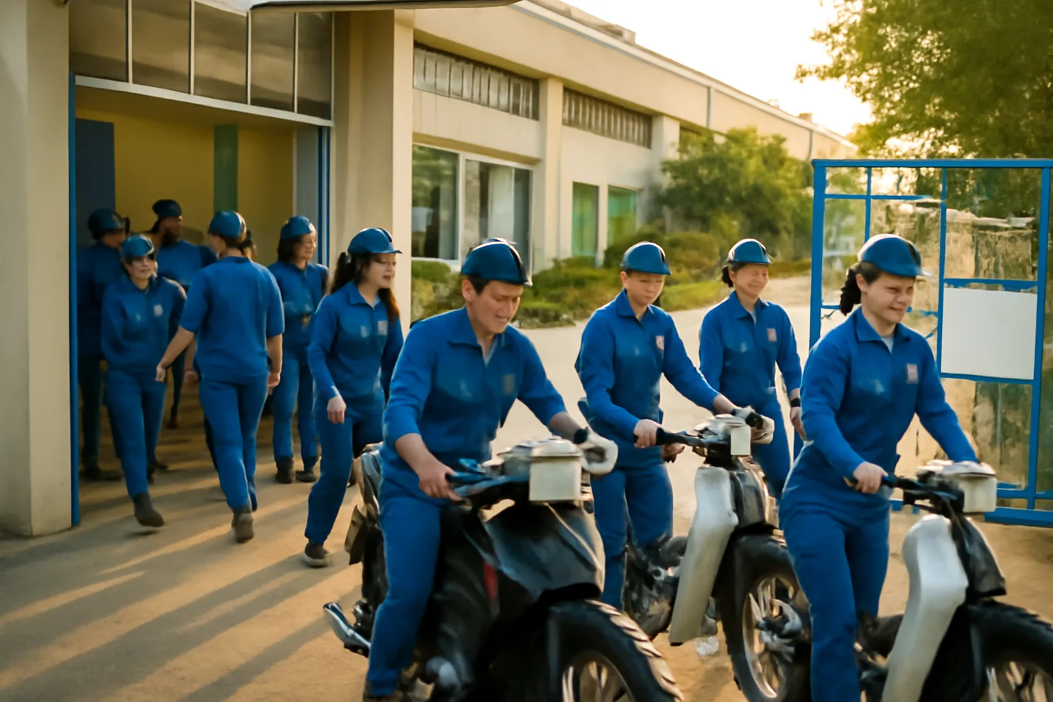 Nhóm công nhân mặc đồng phục đổi ca ở cổng nhà xưởng lúc chiều muộn
