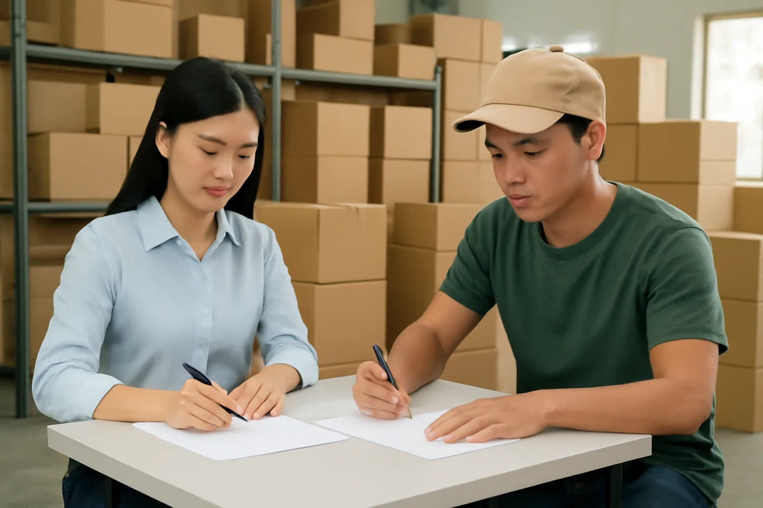 Kế toán công ty nhỏ cùng người làm thời vụ ký giấy tờ tại bàn trong xưởng đóng gói