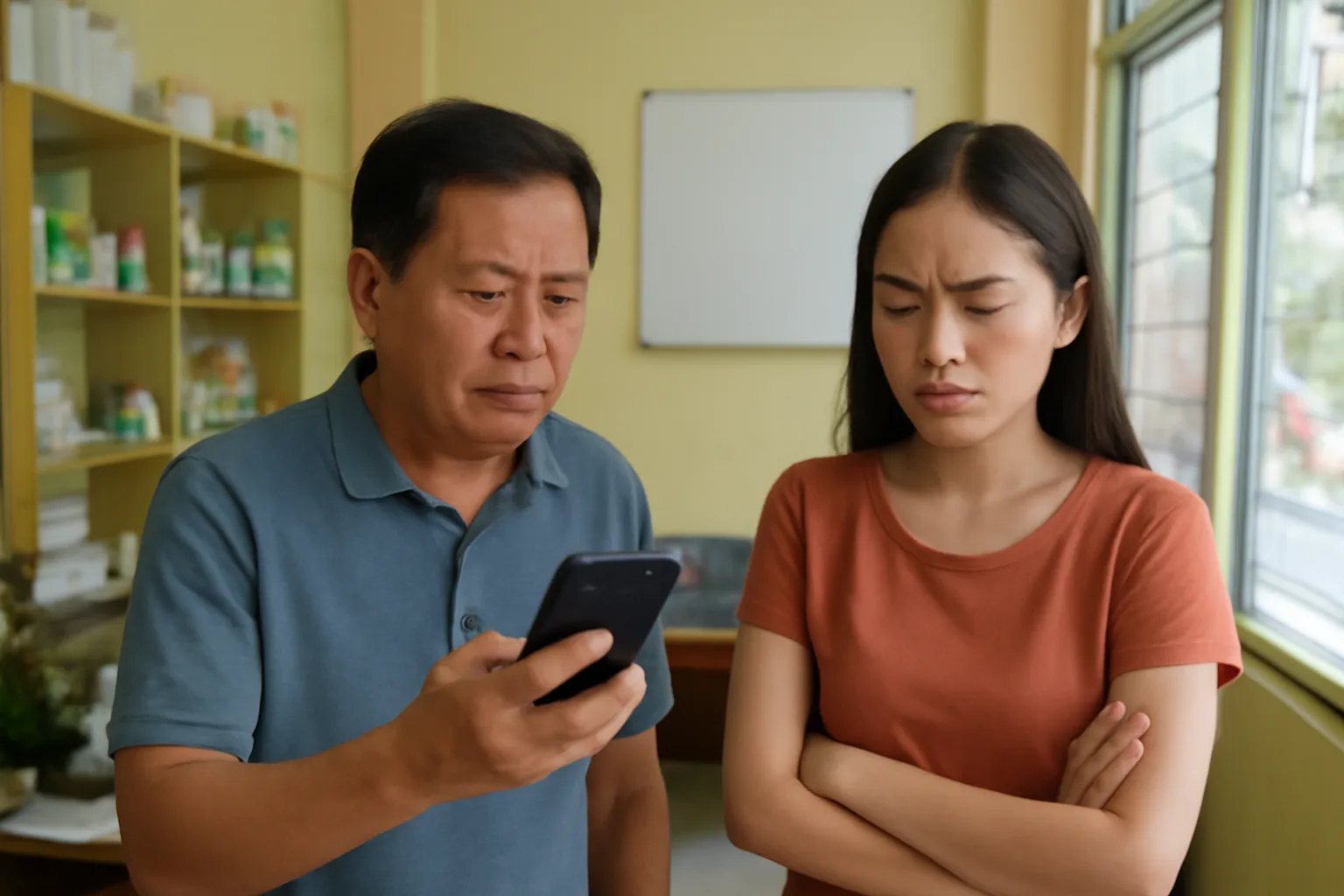 Người đàn ông trung niên cầm điện thoại xa tai trong văn phòng cửa hàng, con gái đứng bên lắc đầu