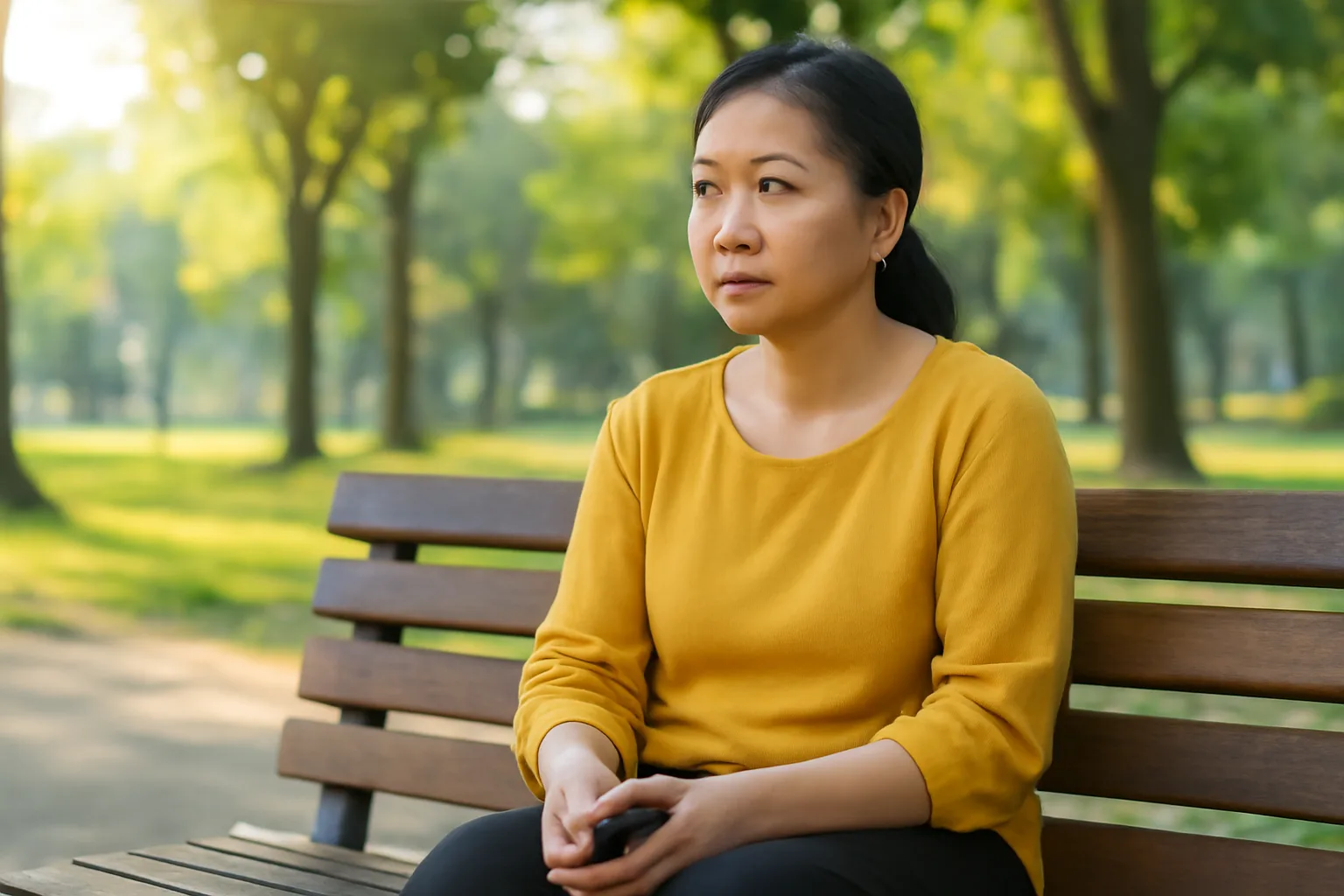Người phụ nữ trung niên ngồi ghế đá công viên, cầm điện thoại úp xuống đùi, vẻ cân nhắc