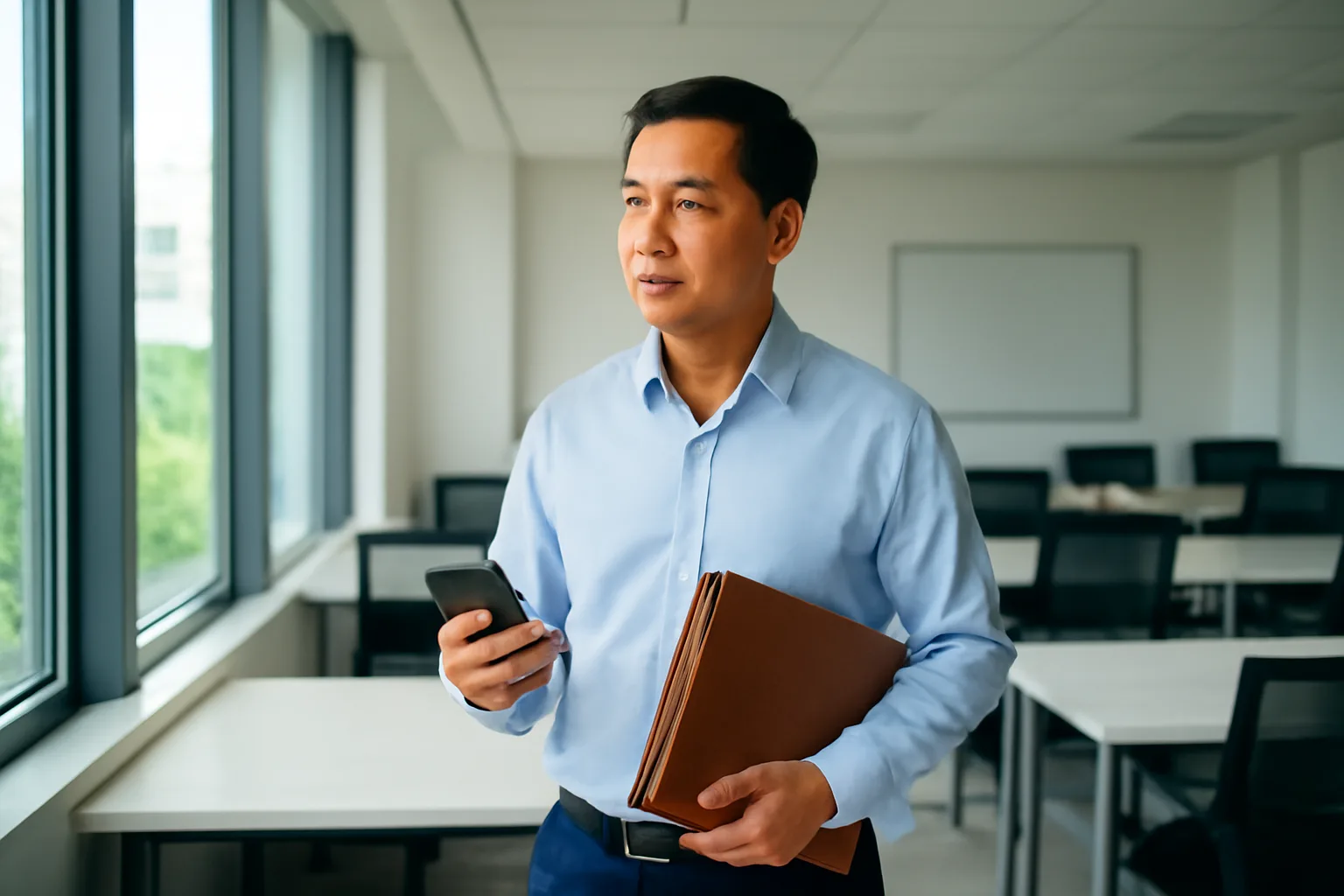 Chủ doanh nghiệp nam đứng bên cửa sổ văn phòng trống, cầm điện thoại và tập hồ sơ cũ, vẻ suy nghĩ