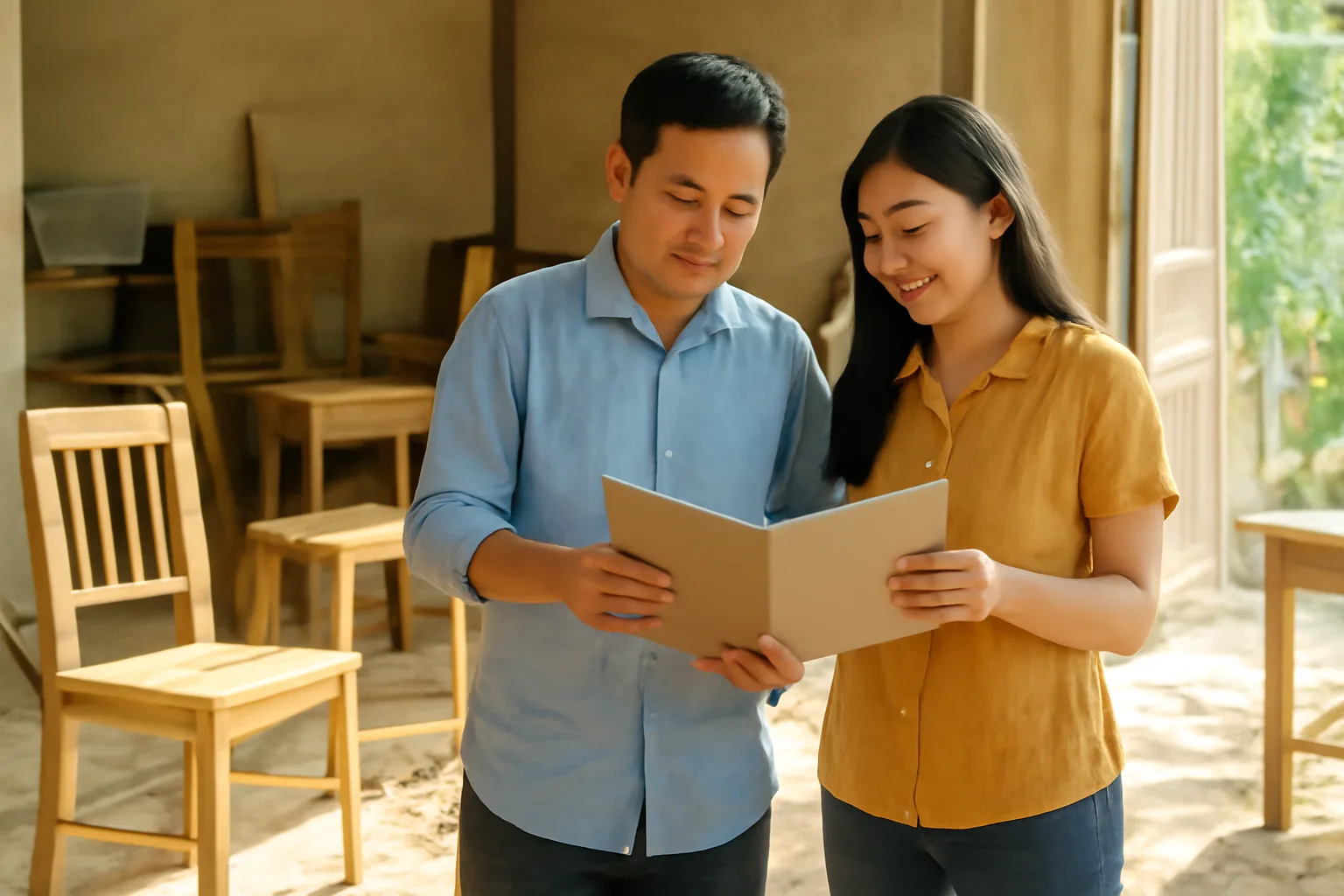 Hai vợ chồng chủ xưởng mộc nhỏ xem lại bìa hồ sơ giữa những chiếc ghế gỗ mới đóng