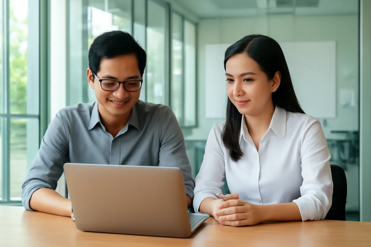 Nhân viên kỹ thuật và kế toán trưởng ngồi cạnh nhau bên máy tính trong phòng họp kính