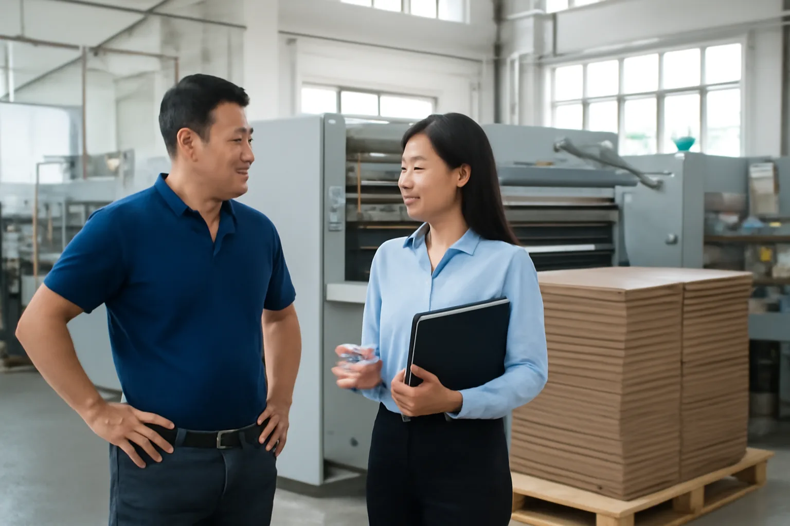 Giám đốc và kế toán một xưởng in bao bì đứng trao đổi cạnh máy in công nghiệp