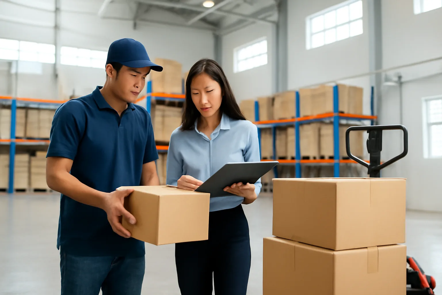 Nhân viên bán hàng và kế toán cùng rà thùng hàng và xấp hoá đơn trong kho sáng sủa