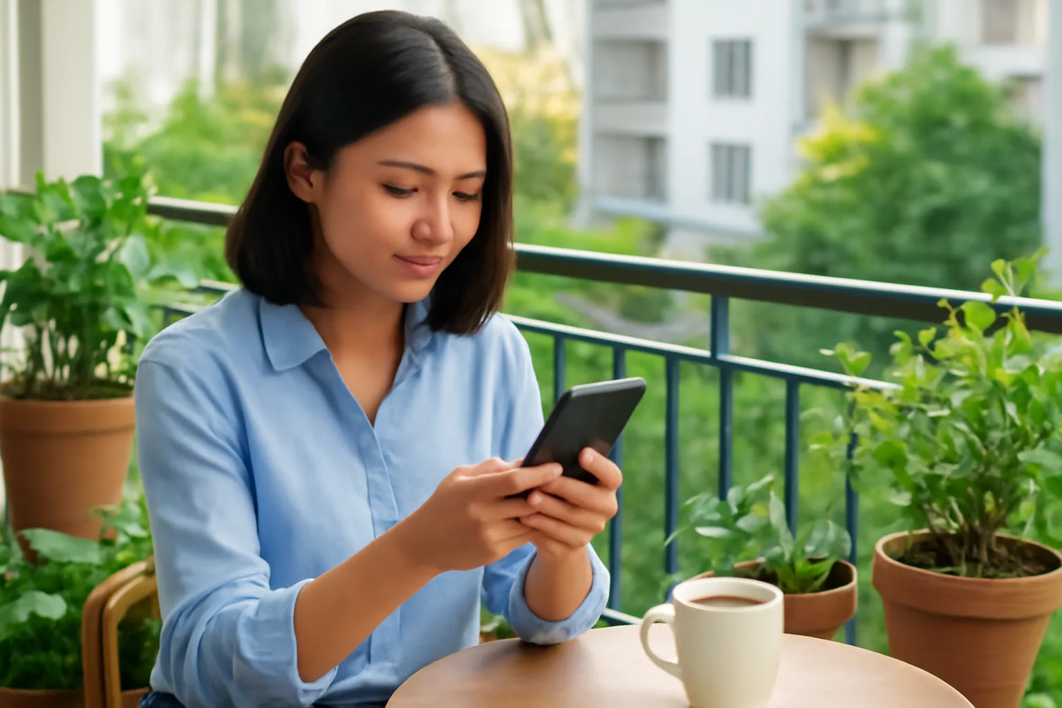 Người phụ nữ trẻ xem phiếu lương trên điện thoại khi ngồi ở ban công căn hộ
