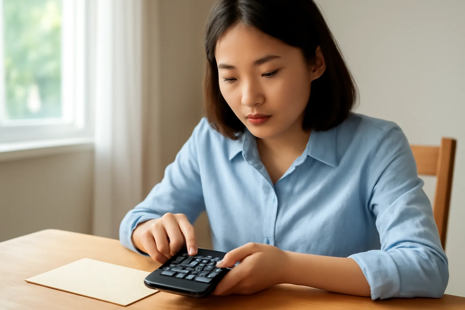 Bàn tay người đi làm bấm máy tính bỏ túi bên phong bì lương trên bàn ăn gia đình