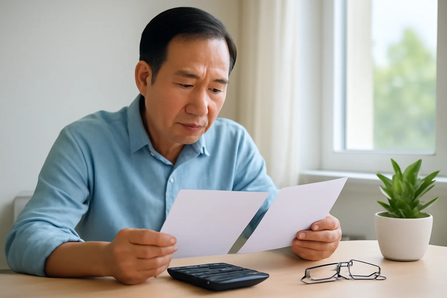Người đàn ông trung niên ngồi bàn làm việc ở nhà, so hai tờ phiếu lương úp mặt bên máy tính bỏ túi