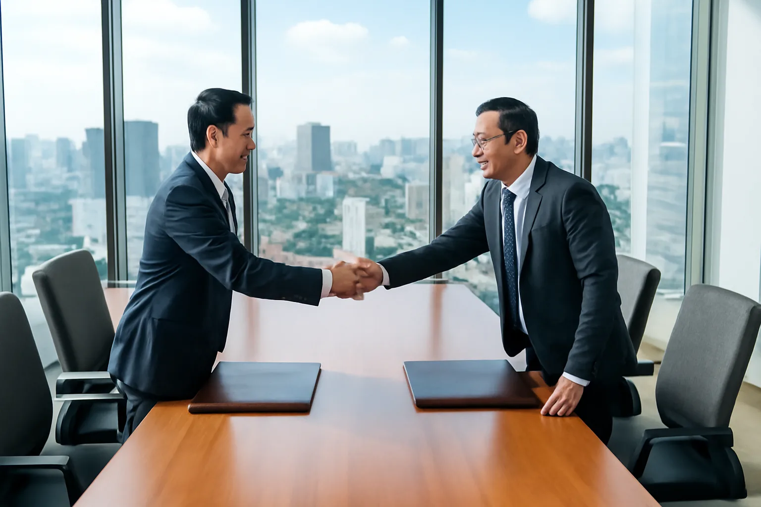 Hai người điều hành bắt tay qua bàn họp dài có hai bìa da đóng kín, cửa kính nhìn ra phố