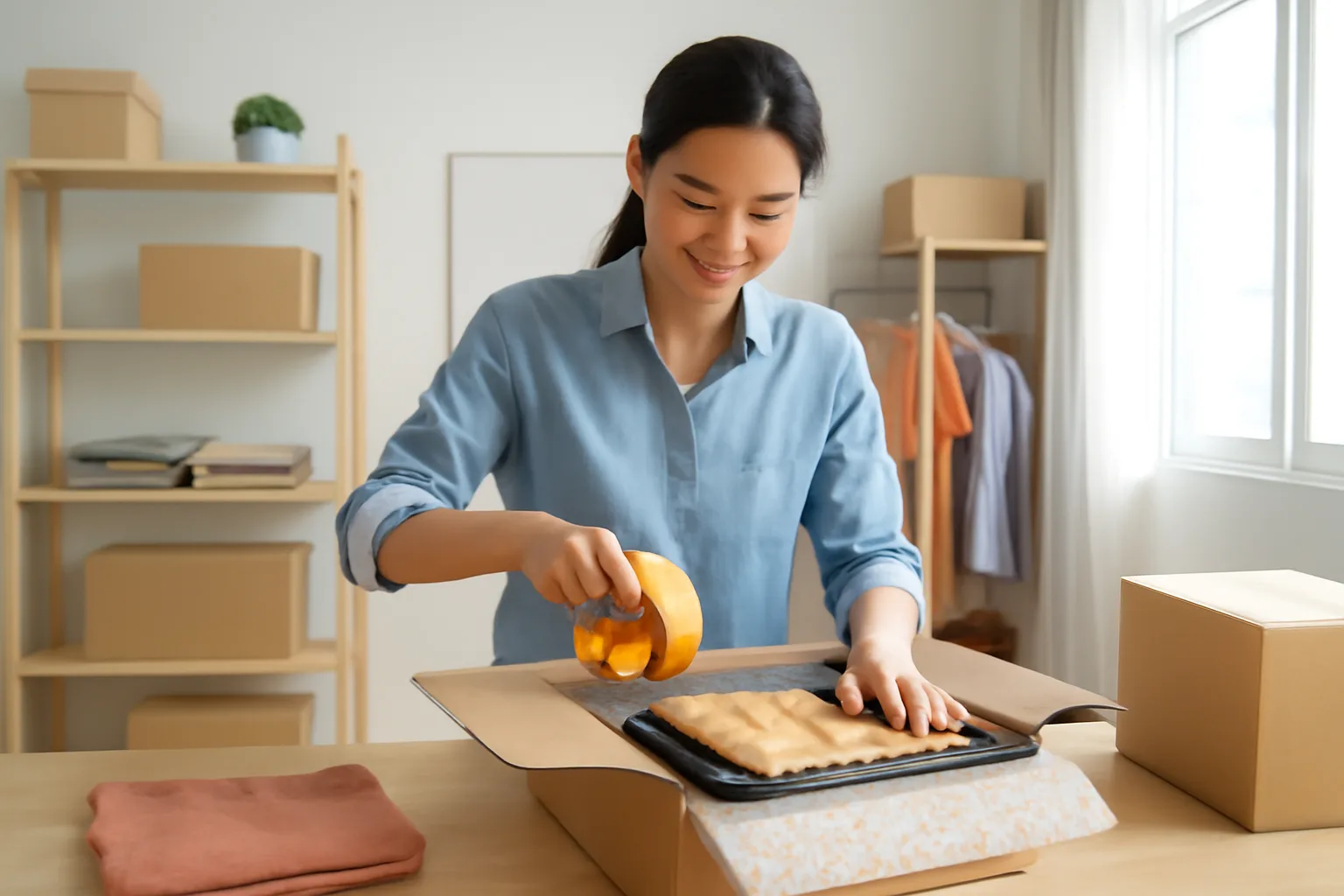 Chủ hộ kinh doanh đóng gói đơn hàng vào thùng carton trong kho nhỏ tại nhà