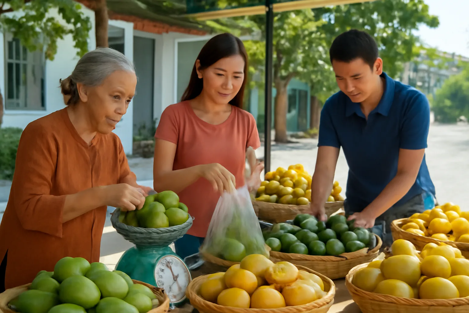 Ba thế hệ trong gia đình cùng bán hàng tại một sạp trái cây ngoài chợ