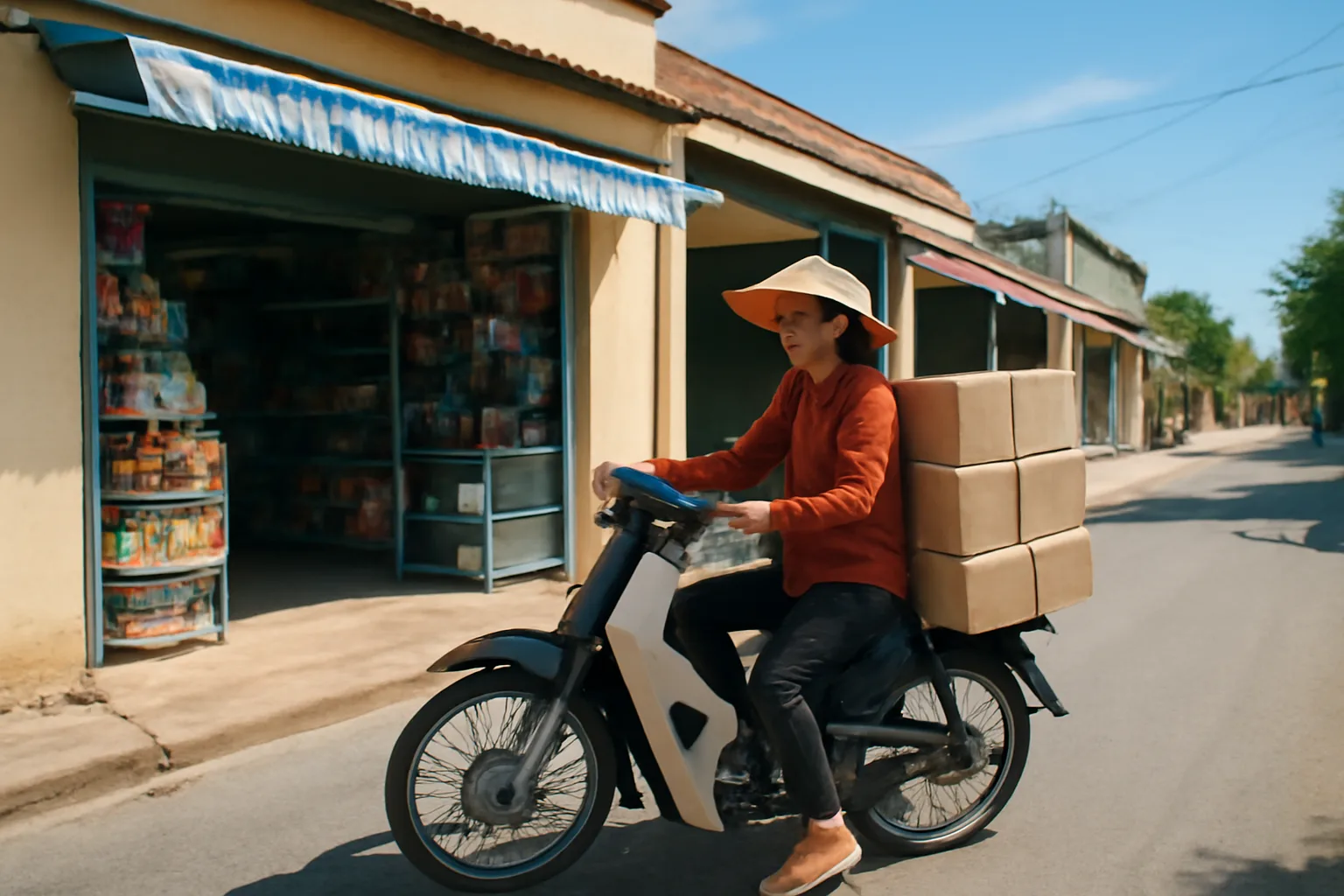 Chủ hộ kinh doanh chở thùng hàng bằng xe máy giữa hai cửa hàng nhỏ