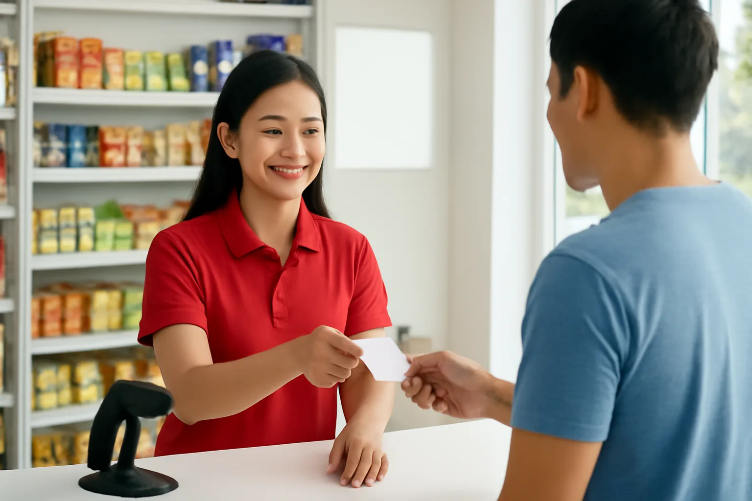 Thu ngân cửa hàng tiện lợi đưa hoá đơn trắng cho khách bên quầy có máy quét mã vạch