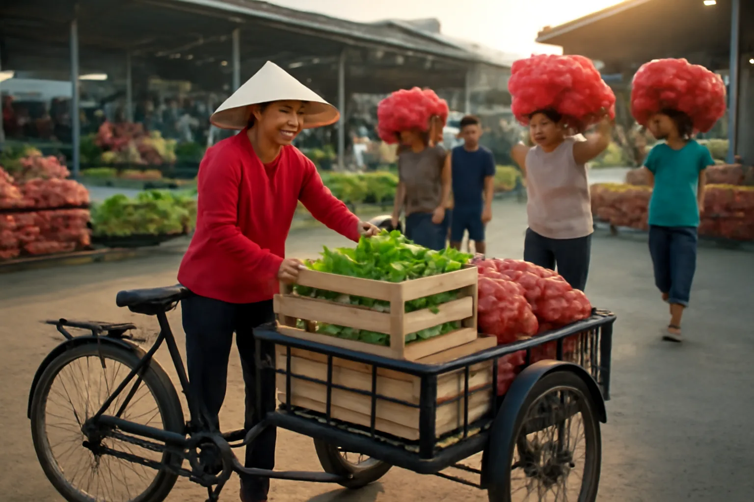 Người phụ nữ chất các thùng rau củ lên xe ba gác ở chợ đầu mối lúc rạng sáng