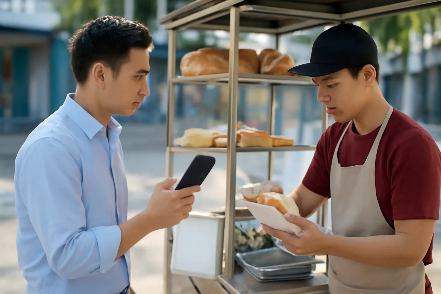 Khách hàng quét mã QR bằng điện thoại để trả tiền tại quầy bánh mì ven đường, người bán đứng chờ