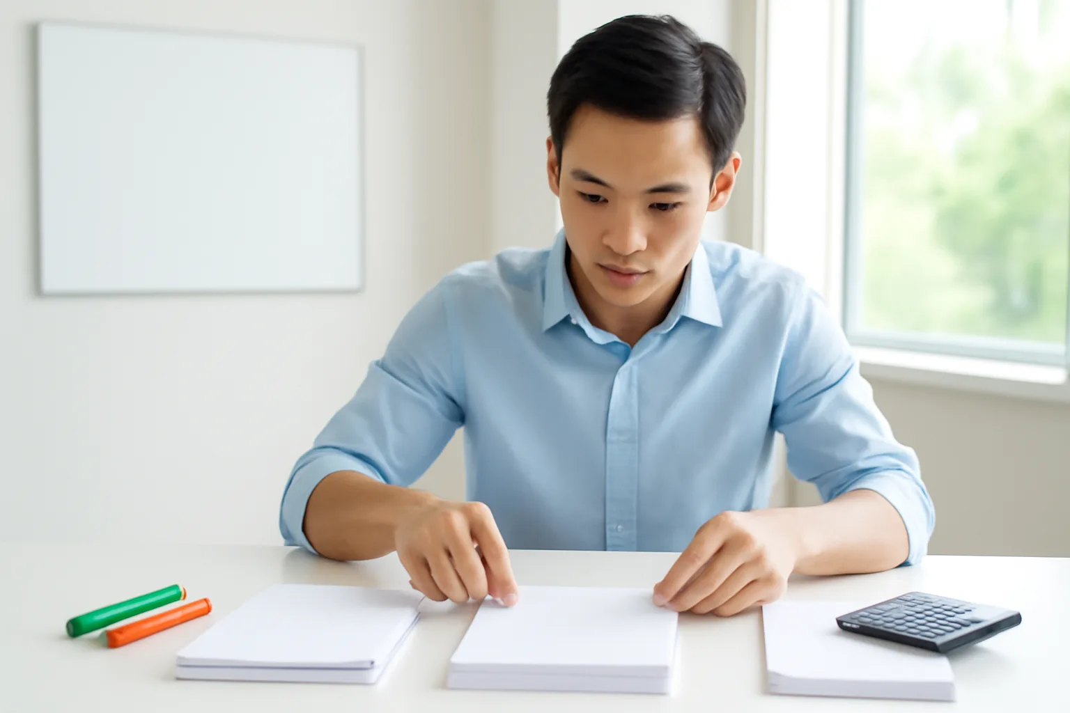 Kế toán nam trẻ phân loại xấp hoá đơn thành ba chồng trên bàn, bên cạnh máy tính bỏ túi và bút đánh dấu