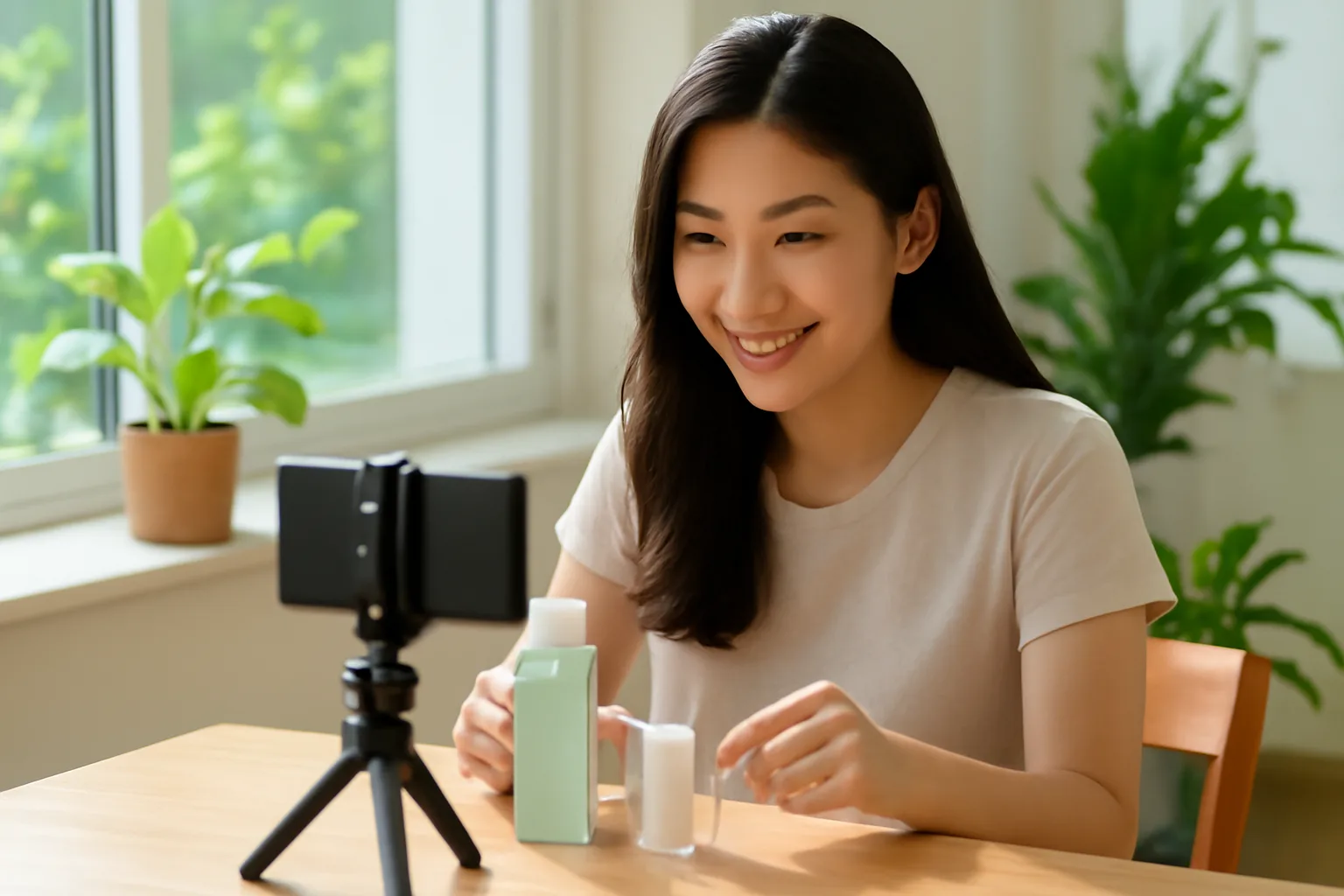 Người làm tiếp thị liên kết quay video giới thiệu sản phẩm bên bàn gỗ gần cửa sổ