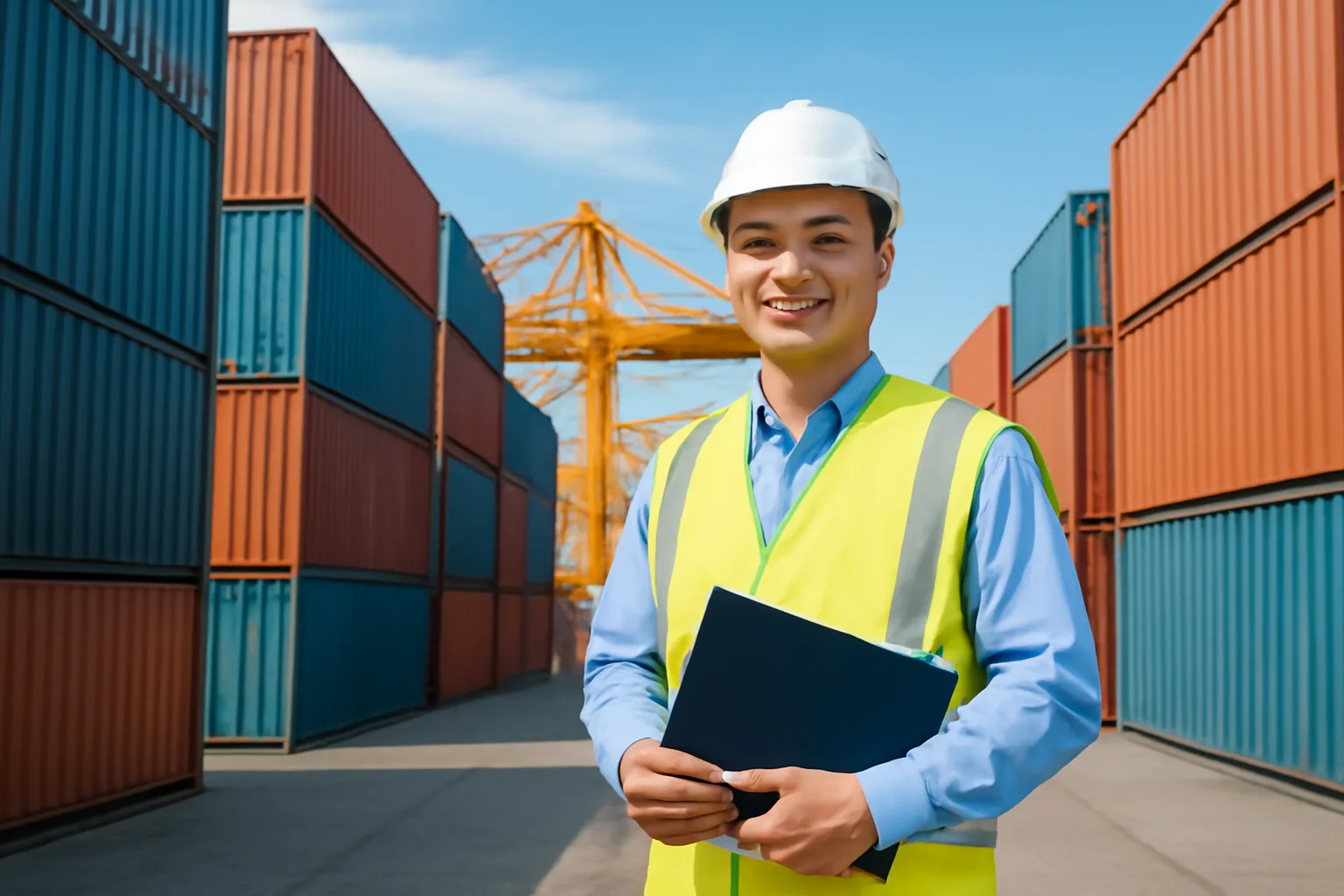 Quản lý kho vận mặc áo phản quang đứng giữa bến cảng xếp đầy container