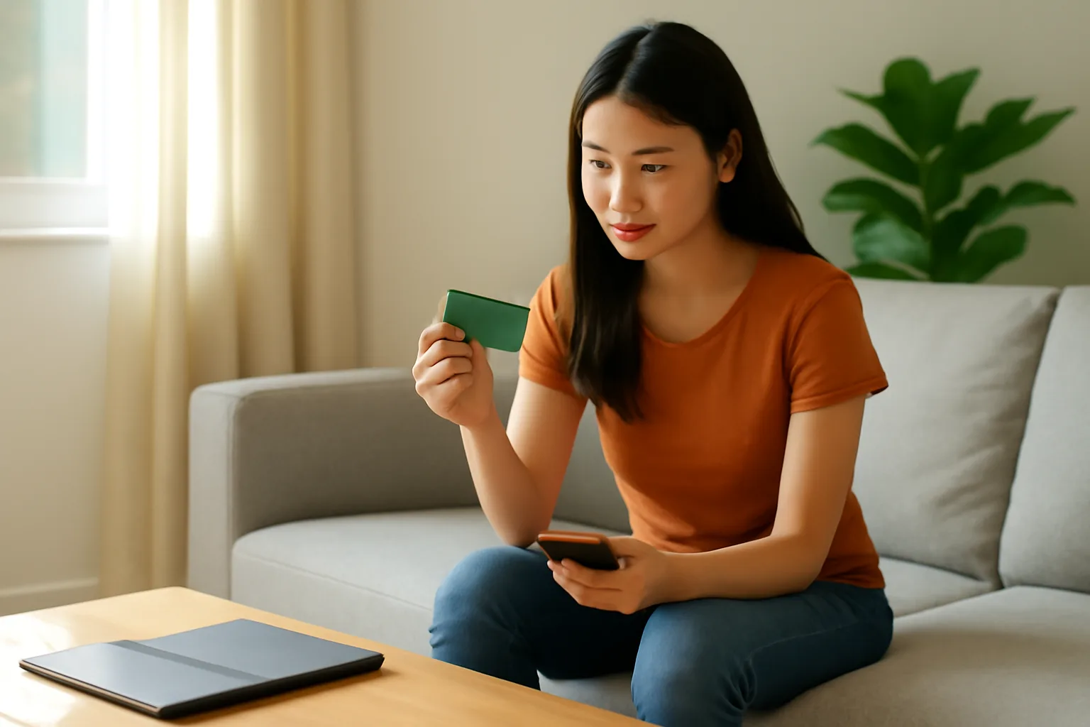 Người phụ nữ trẻ ngồi sofa kiểm tra thẻ ngân hàng, điện thoại úp trên đầu gối, bìa hồ sơ trên bàn