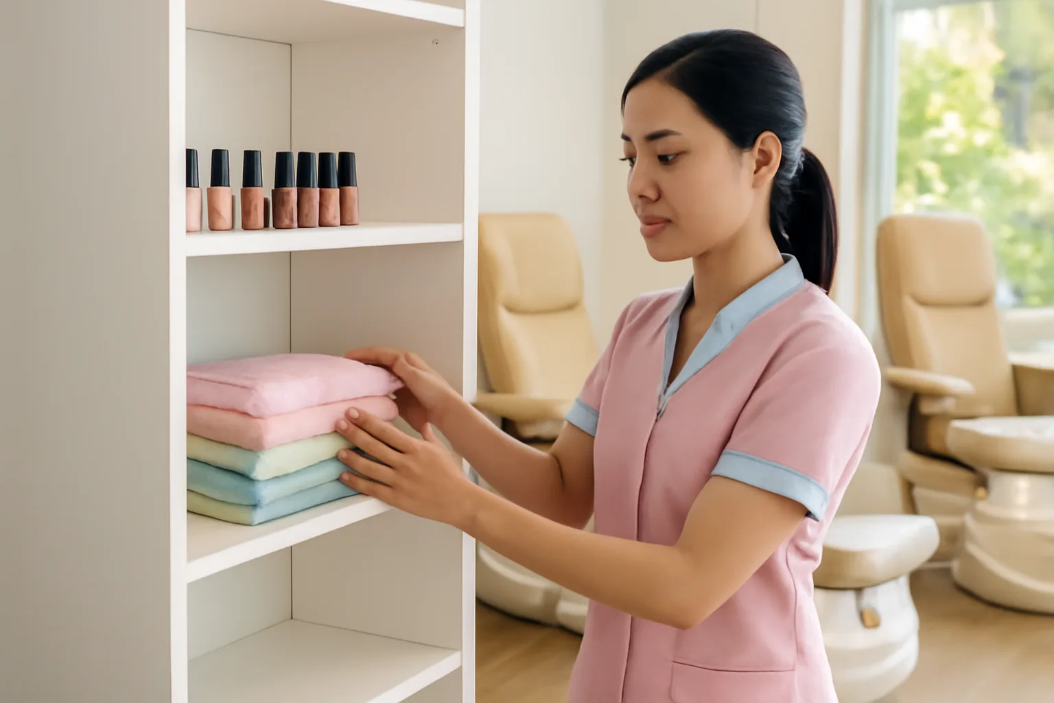 Chủ tiệm làm móng xếp khăn và lọ sơn trên kệ trong tiệm nhỏ sáng sủa
