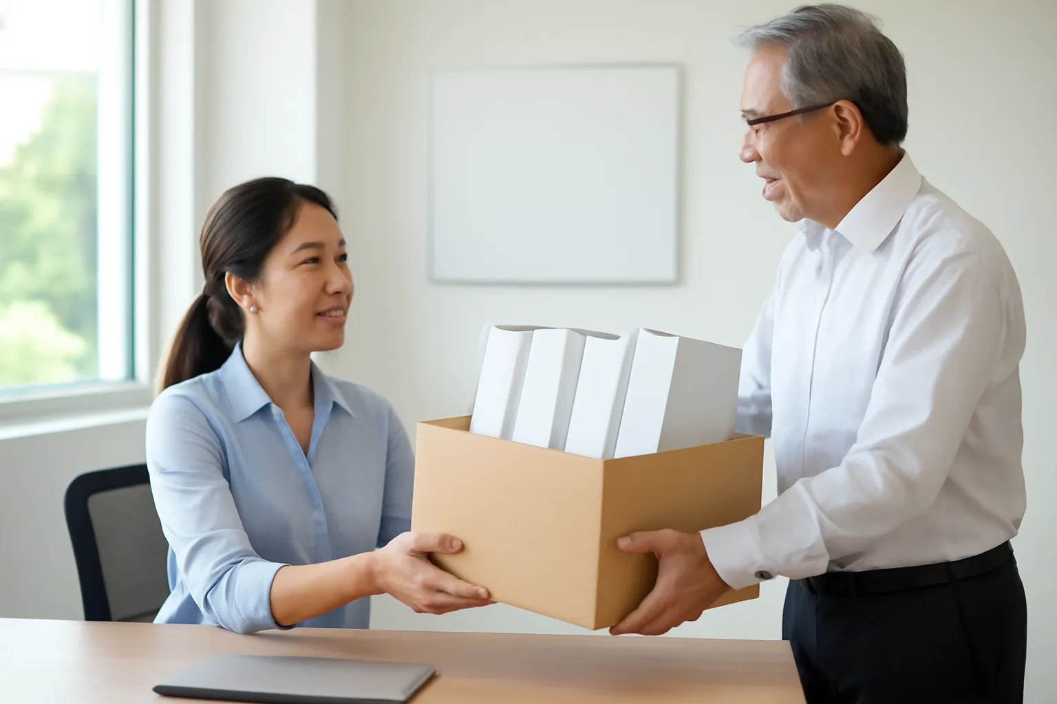Nữ kế toán trẻ nhận thùng hồ sơ từ đồng nghiệp trong văn phòng nhỏ