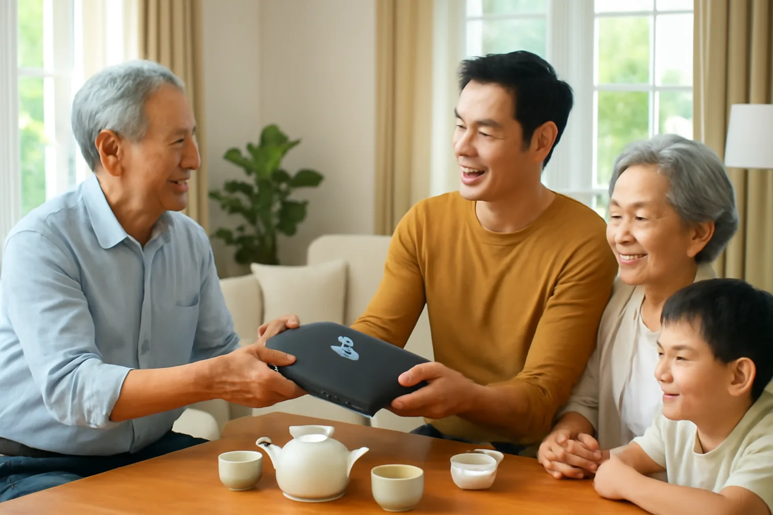 Ba thế hệ trong gia đình ngồi quanh bàn trà trong phòng khách, người cha đưa tập hồ sơ nhà cho con trai