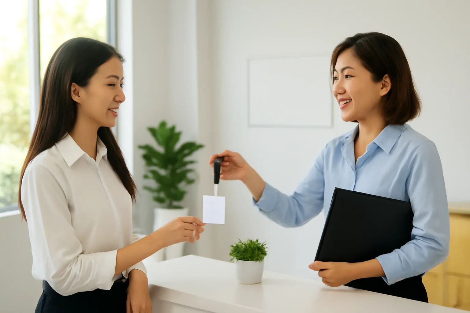 Cô gái trẻ ngày đầu đi làm nhận thẻ nhân viên và tập hồ sơ từ nhân viên nhân sự ở quầy lễ tân