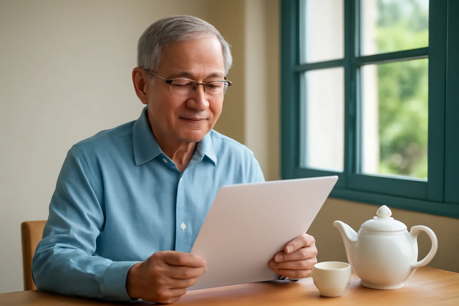 Người đàn ông lớn tuổi đeo kính đọc hợp đồng tại bàn gỗ gần cửa sổ trong căn nhà sáng
