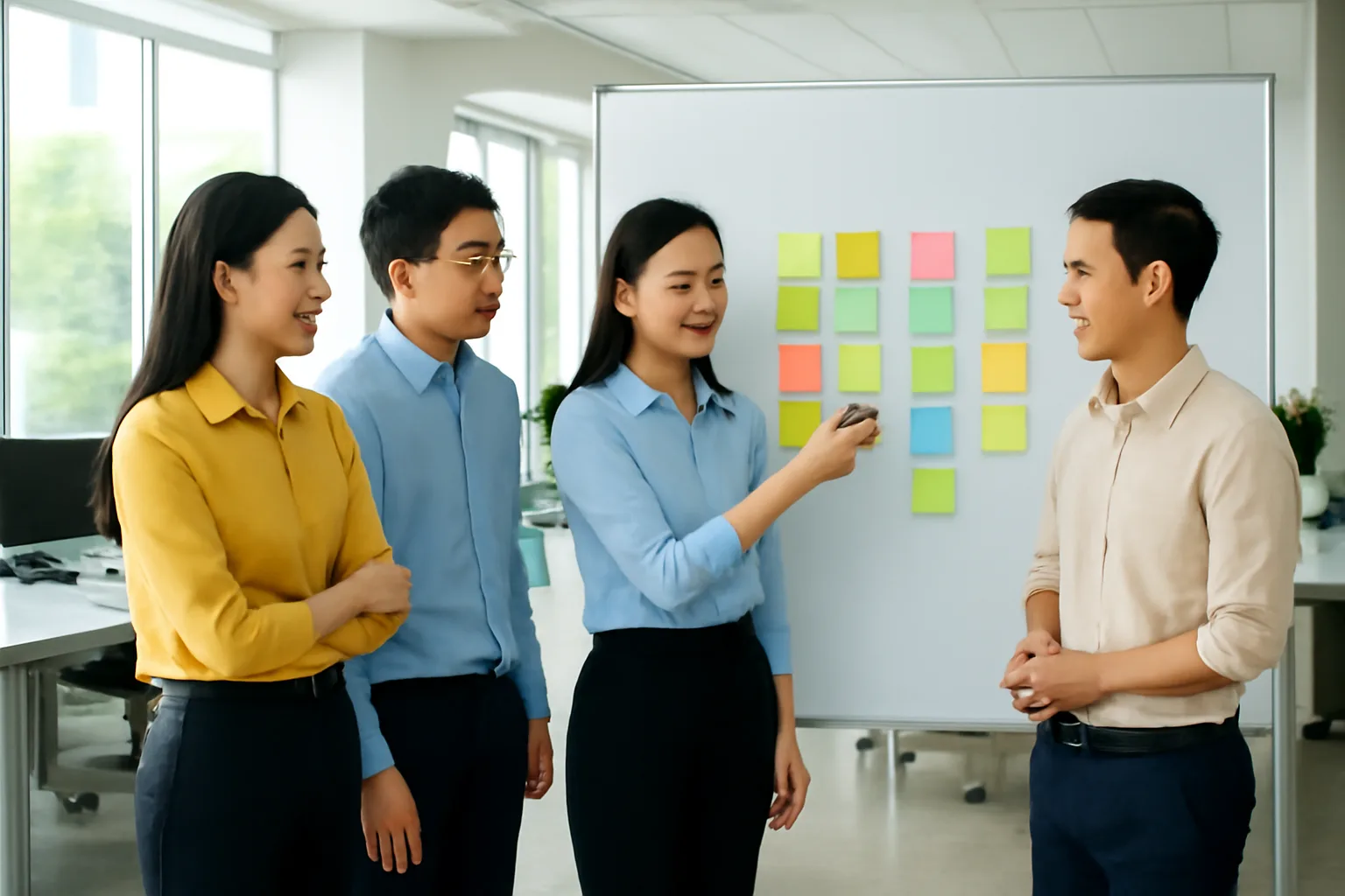 Nhóm tài chính bốn người đứng quanh bảng trắng dán giấy nhớ nhiều màu chia bốn cột