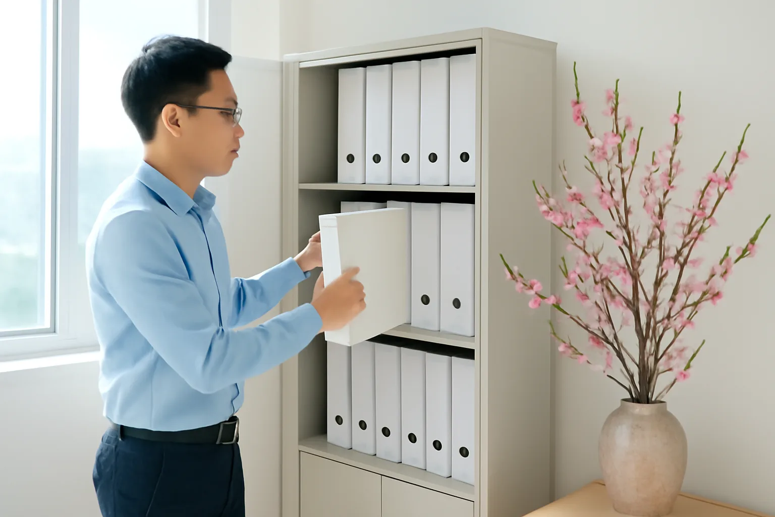 Kế toán trẻ xếp cặp hồ sơ vào tủ trong văn phòng có cành đào đặt góc phòng