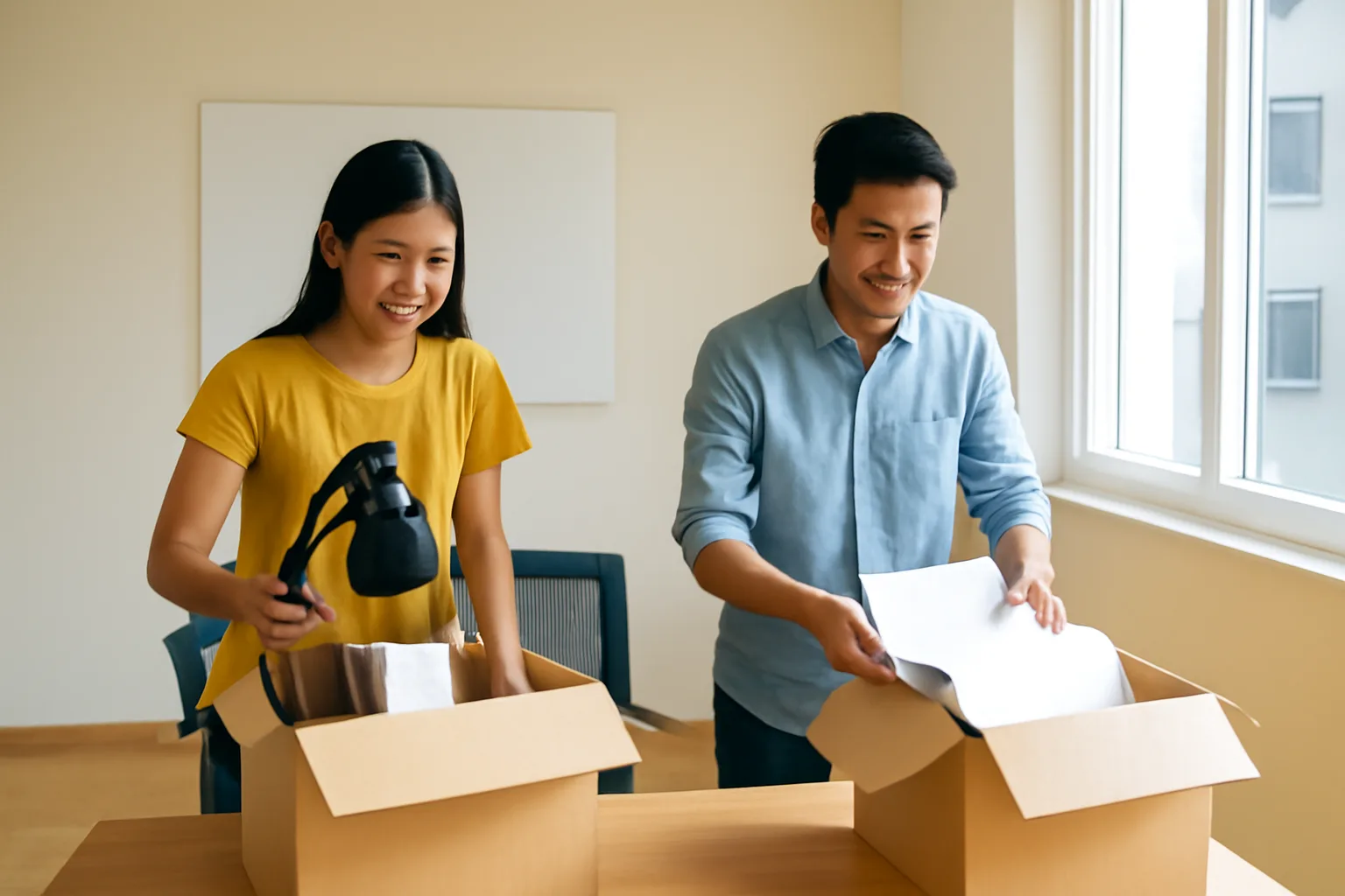 Hai người sáng lập trẻ sắp xếp hồ sơ trong văn phòng mới còn thùng các-tông