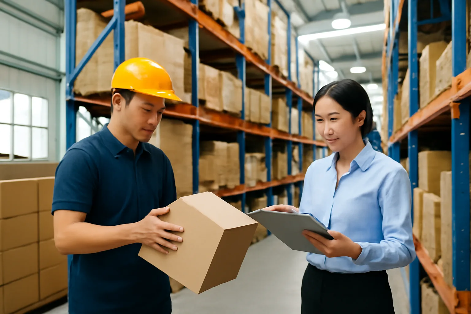 Nhân viên kho và kế toán cùng kiểm đếm thùng hàng trên kệ trong kho sáng đèn cuối năm
