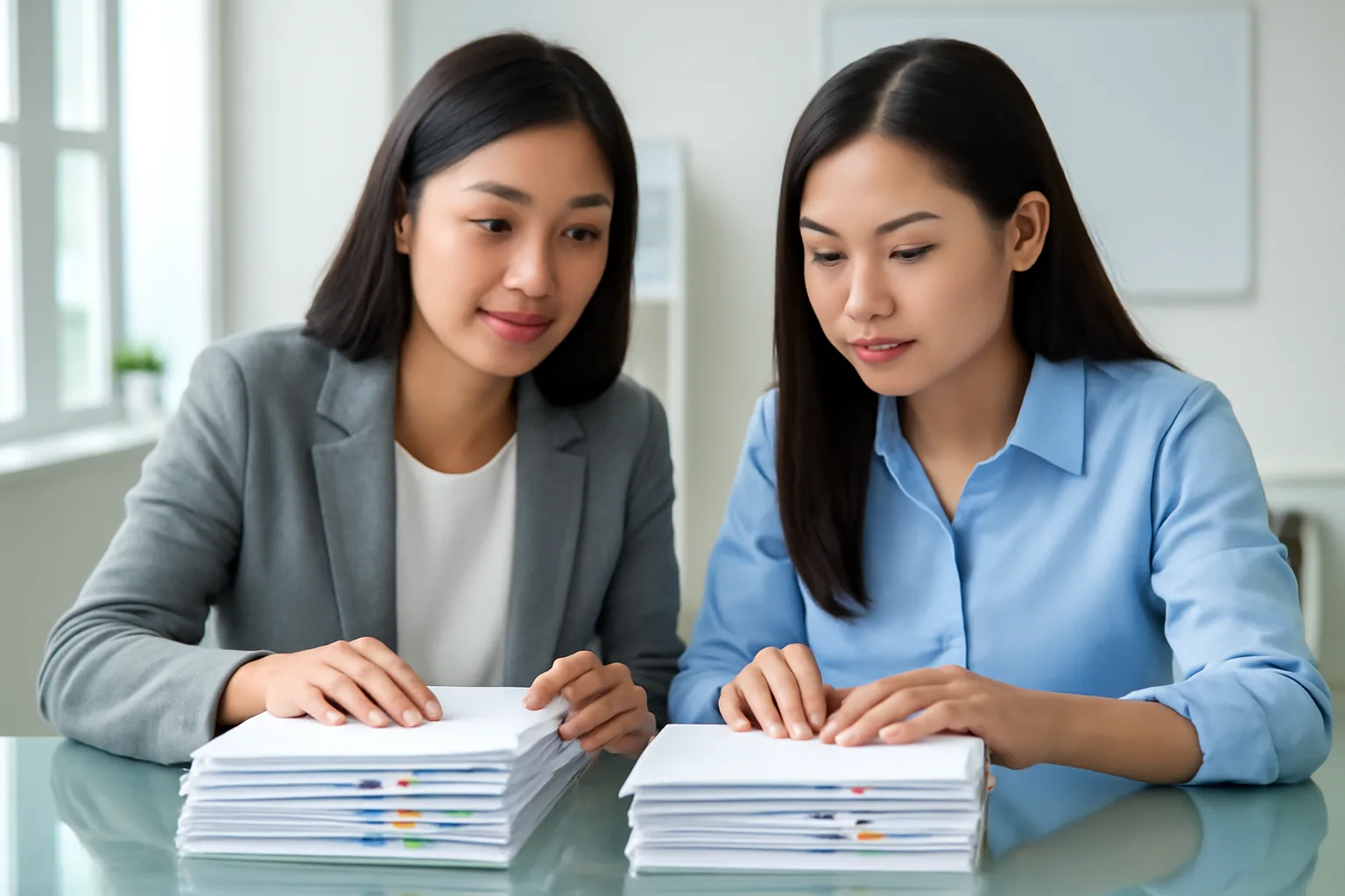 Nữ kế toán trưởng cùng đồng nghiệp trẻ rà lại chồng hoá đơn trong văn phòng có vách kính
