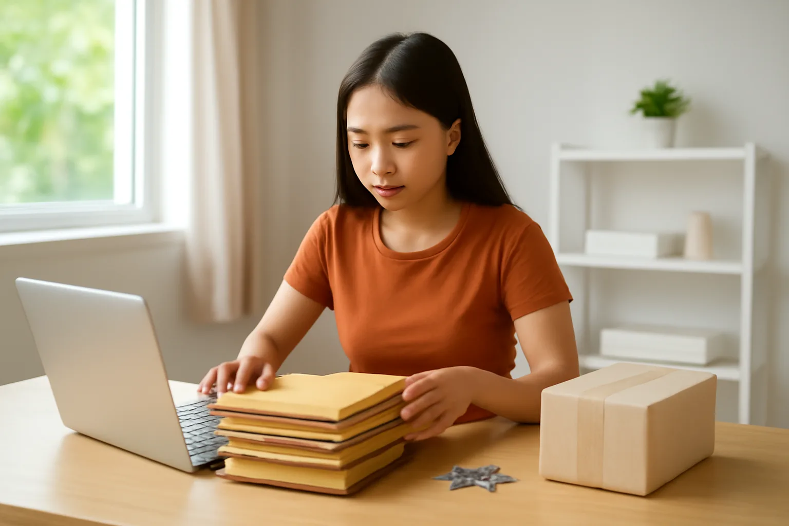 Người phụ nữ trẻ sắp xếp ba chồng hồ sơ riêng biệt trên bàn làm việc tại nhà