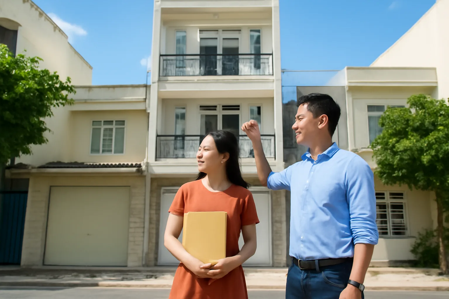 Cặp vợ chồng trẻ đứng trước một căn nhà phố hẹp, người vợ cầm cặp hồ sơ