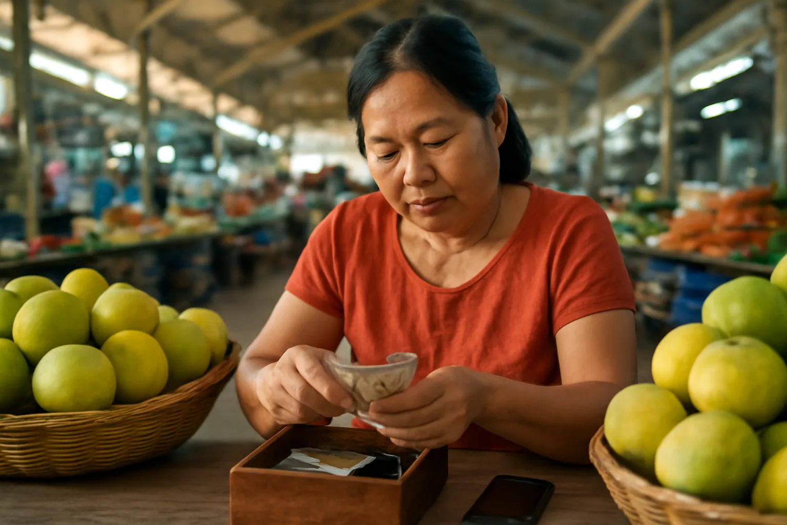 Chủ sạp trái cây trong chợ có mái che đếm tiền vào ngăn kéo gỗ, điện thoại úp bên cạnh