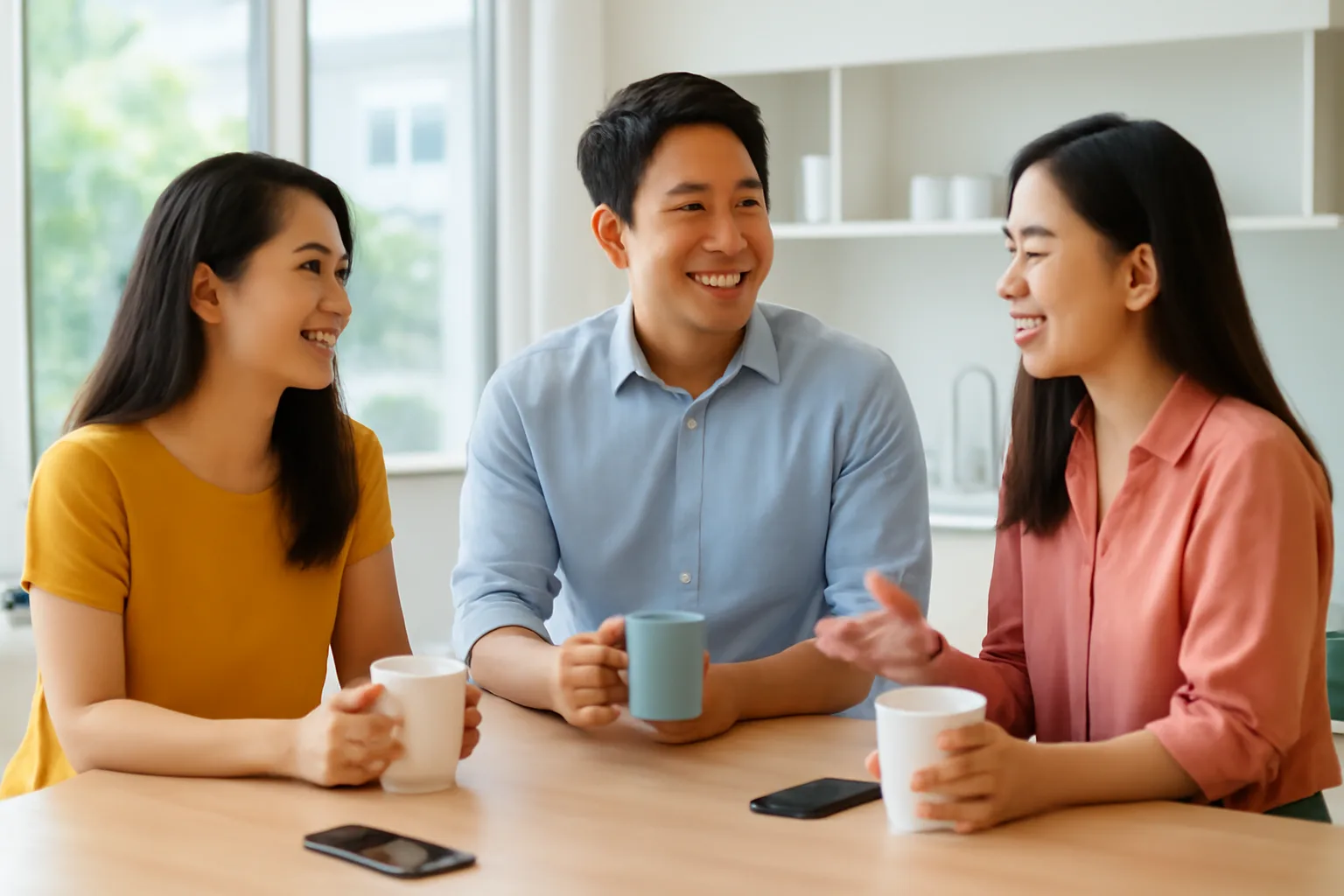 Ba đồng nghiệp trò chuyện ở góc pha trà văn phòng, điện thoại úp trên bàn