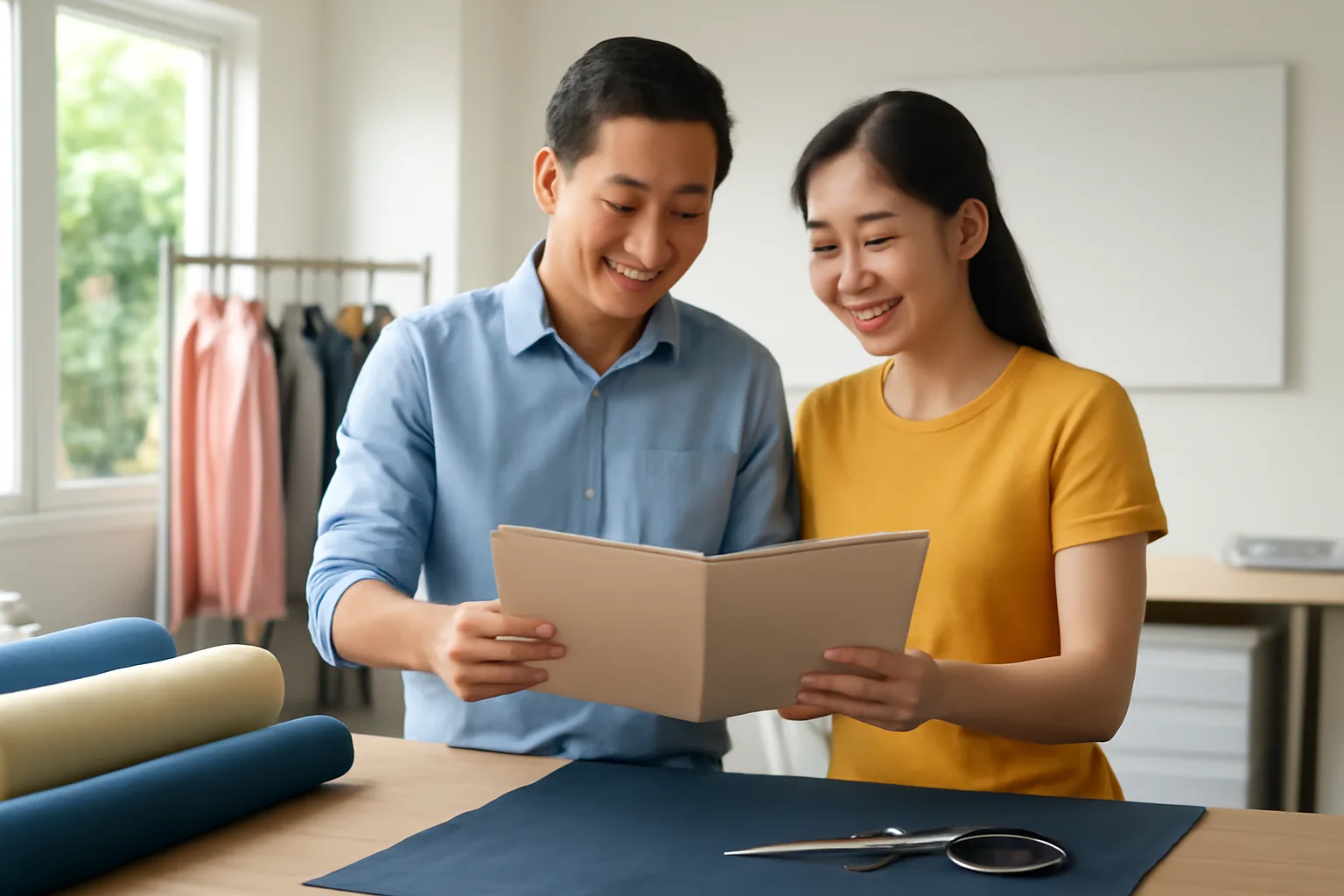 Hai vợ chồng chủ tiệm may nhỏ cùng xem lại tập hồ sơ bên bàn cắt vải vào buổi sáng