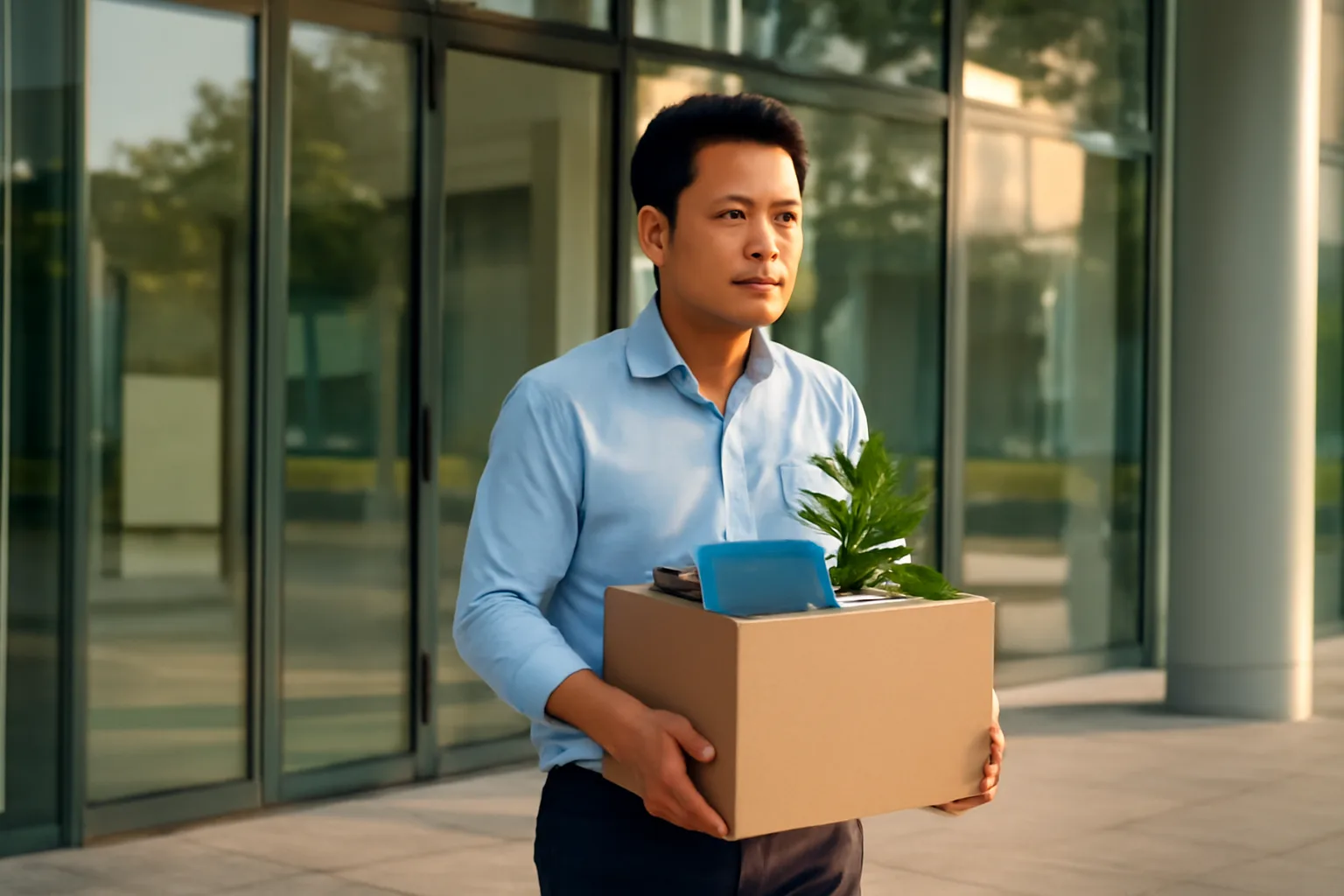 Người đàn ông ôm thùng đồ cá nhân bước ra khỏi toà nhà văn phòng vào buổi chiều