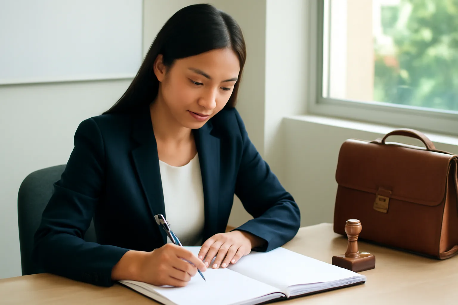 Nữ giám đốc công ty nhỏ ký hồ sơ bên bàn làm việc, con dấu và cặp tài liệu bên cạnh