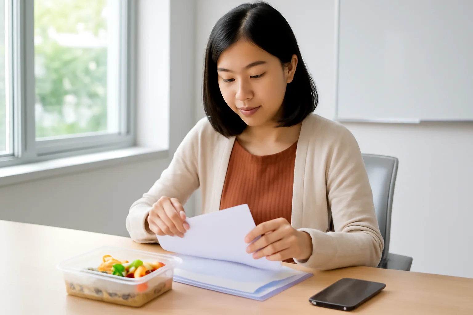 Nữ nhân viên văn phòng ngồi bàn làm việc cạnh cửa sổ, sắp các tờ chứng từ vào bìa hồ sơ trong giờ nghỉ trưa
