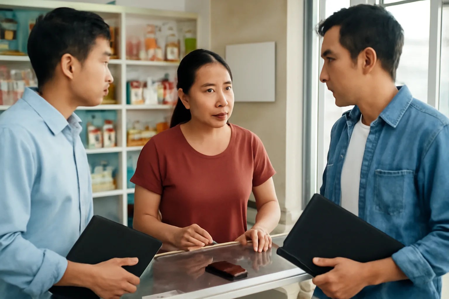 Chủ cửa hàng tạp hoá đứng sau quầy, một tay giữ điện thoại, nói chuyện với hai người lạ