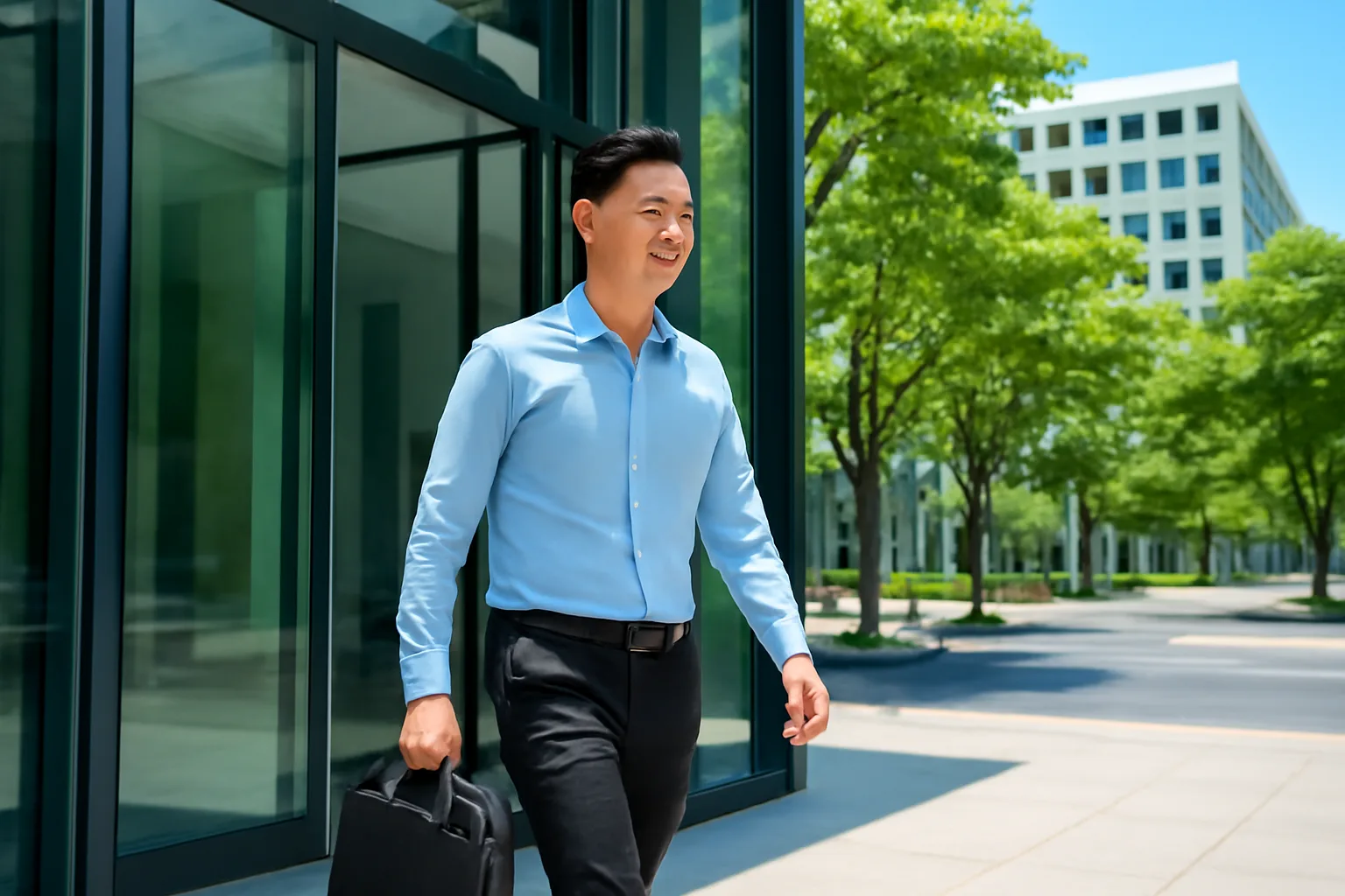 Người đàn ông đeo túi máy tính bước ra từ toà nhà văn phòng kính giờ trưa, toà nhà khác bên kia đường